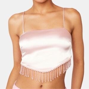 Edikted Women's Pink Shiny Satin Beaded Pearl Backless Tie Top M/L